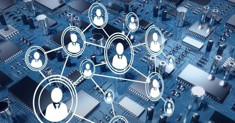 Composition of network of connections with icons over computer circuit board Stock Illustration