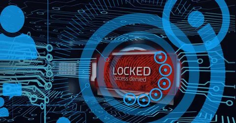 Composition of network of connections with icons over locked text and computer Stock Illustration