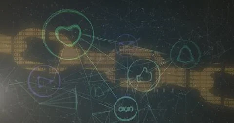 Composition of network of connections with icons over data processing on black 스톡 일러스트