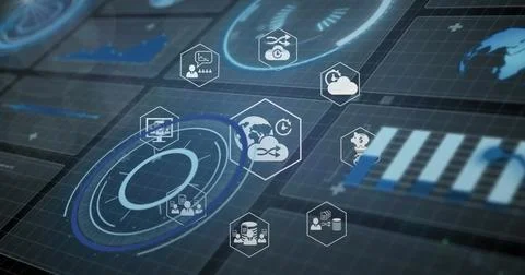 Composition of network of connections with icons over computer circuit board 스톡 일러스트