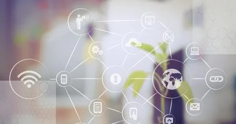 Composition of network of connections with icons over out of focus room 스톡 사진