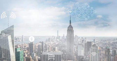 Composition of network of connections with icons over cityscape Foto stock