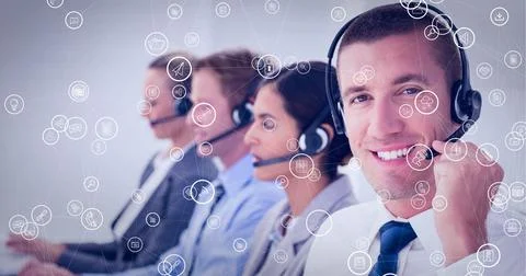 Composition of network of connections with icons over businessman using phone Stock Photos