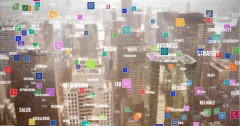 Composition of network of connections with icons over cityscape Stock Photos