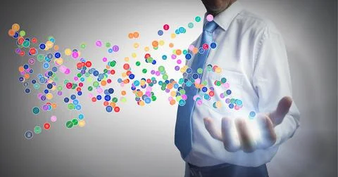 Composition of network of connections with icons over businessman touching 스톡 사진
