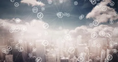Composition of network of connections with icons over cityscape 写真素材