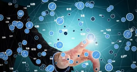 Composition of network of connections with icons over businessman touching 스톡 사진