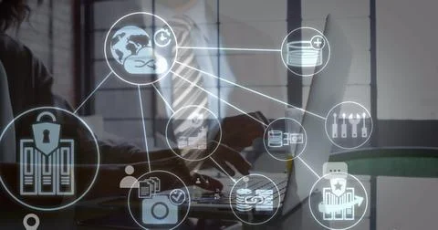 Composition of network of connections with icons over caucasian man wearing.. Stock Photos