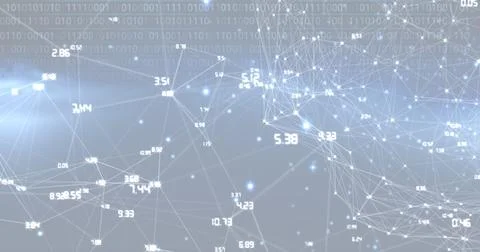 Composition of network of connections over binary coding on blue background Illustrazione stock