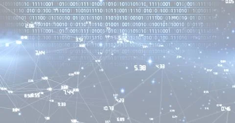 Composition of network of connections over binary coding on blue background Illustrazione stock