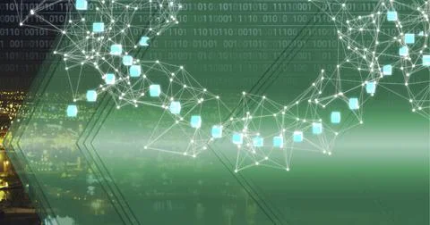 Composition of network of connections over binary coding on green background 스톡 일러스트