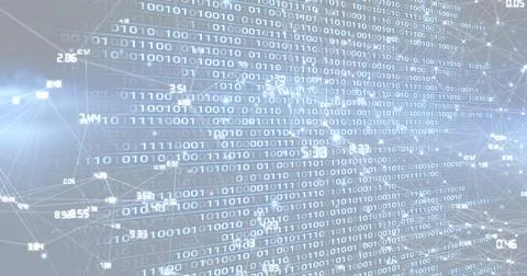 Composition of network of connections over binary coding on blue background 스톡 일러스트