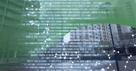 Composition of network of connections over binary coding on cityscape and green Foto stock