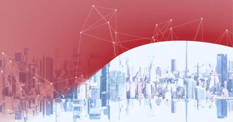 Composition of network of connections over cityscape with red curved banner Ilustração Stock