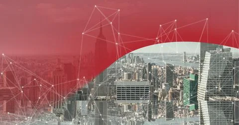Composition of network of connections over cityscape with red curved banner Ilustração Stock