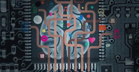 Composition of network of connections over human brain and computer processor Illustrazione stock