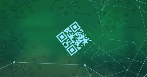 Composition of network of connections with qr code and icons on green background Illustrazione stock