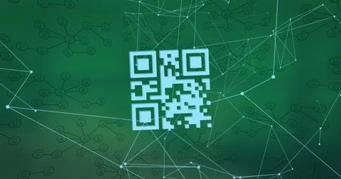Composition of network of connections with qr code and icons on green background Stockillustratie