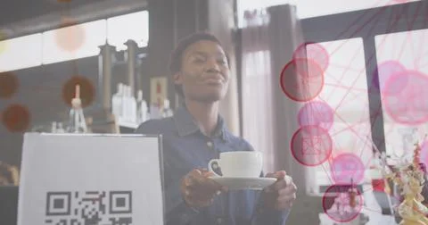 Composition of network of connections with qr code over african american woman Stock-Fotos