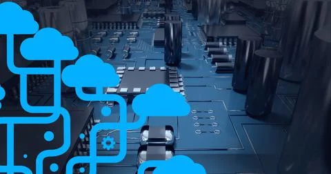 Composition of network of digital cloud icons over computer circuit board 스톡 일러스트