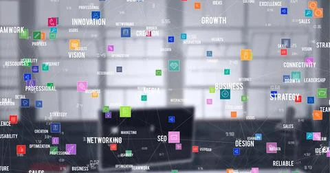 Composition of network of digital icons and text over computer in background Stock Photos