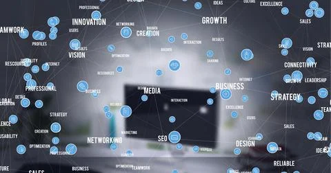 Composition of network of digital icons and text over computer in background 写真素材