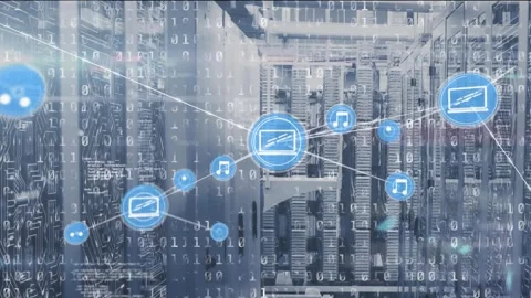 Composition of network of digital icons over computer servers Stock Footage 329418121