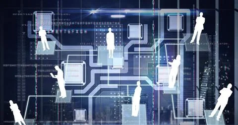 Composition of network with digital icons over computer processor 스톡 일러스트