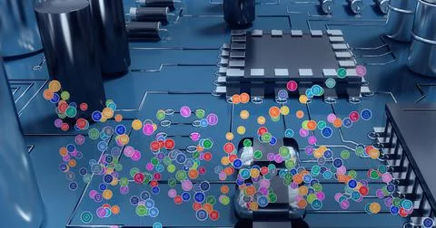 Composition of network of digital icons over computer processor Stockillustratie