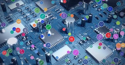 Composition of network of digital icons over computer processor イラスト素材