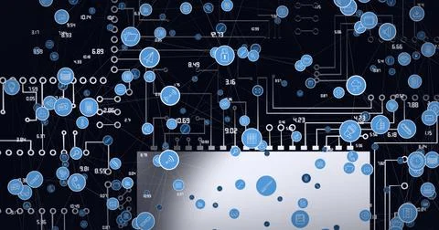 Composition of network of digital icons over computer processor 스톡 일러스트