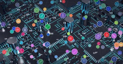 Composition of network of digital icons over computer processor Illustrazione stock