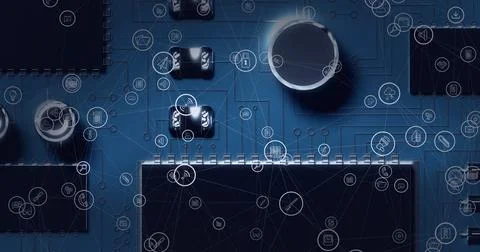 Composition of network of digital icons over computer processor 스톡 일러스트