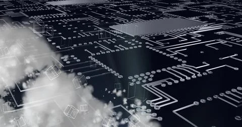 Composition of network of digital icons over cloud and computer circuit board 스톡 일러스트