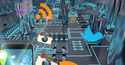 Composition of network of digital icons over computer circuit board Stock Illustration