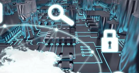 Composition of network of digital icons over cloud and computer circuit board Illustrazione stock