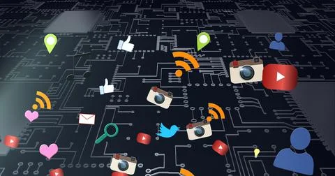 Composition of network of digital icons over computer circuit board Illustrazione stock