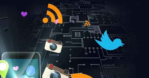 Composition of network of digital icons over computer circuit board Stock Illustration