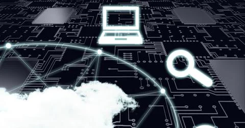 Composition of network of digital icons over cloud and computer circuit board Stock Illustration