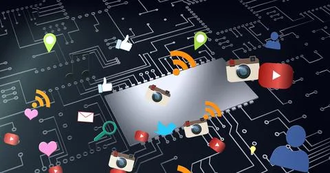 Composition of network of digital icons over computer circuit board 스톡 일러스트
