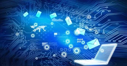 Composition of network of digital icons over laptop and computer circuit board Illustrazione stock