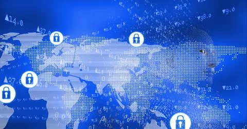 Composition of network of digital padlock security icons over data and human Illustrazione stock