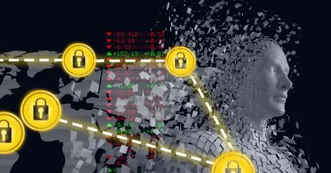 Composition of network of digital padlock security icons over data and human Ilustración de archivo