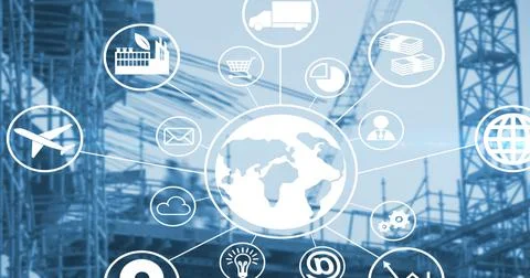 Composition of network of globe and digital icons over construction site Illustrazione stock