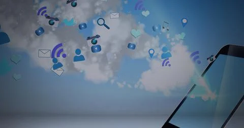 Composition of network of icons over tablet with clouds Ilustração Stock