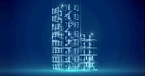 Composition of network of light trails over drawing of modern building on blue Ilustración de archivo