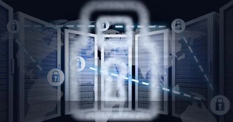 Composition of network of online security padlocks over computer servers Stock Illustration