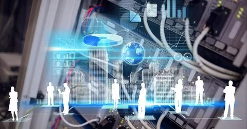 Composition of network of people icons over close up of computer server Stock Illustration