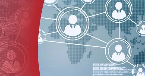 Composition of network of people icons over world map on blue background Ilustração Stock