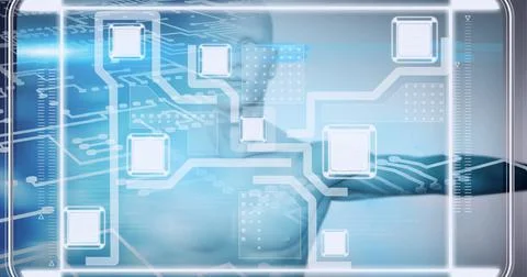 Composition of network of processors over human digital model Illustrazione stock